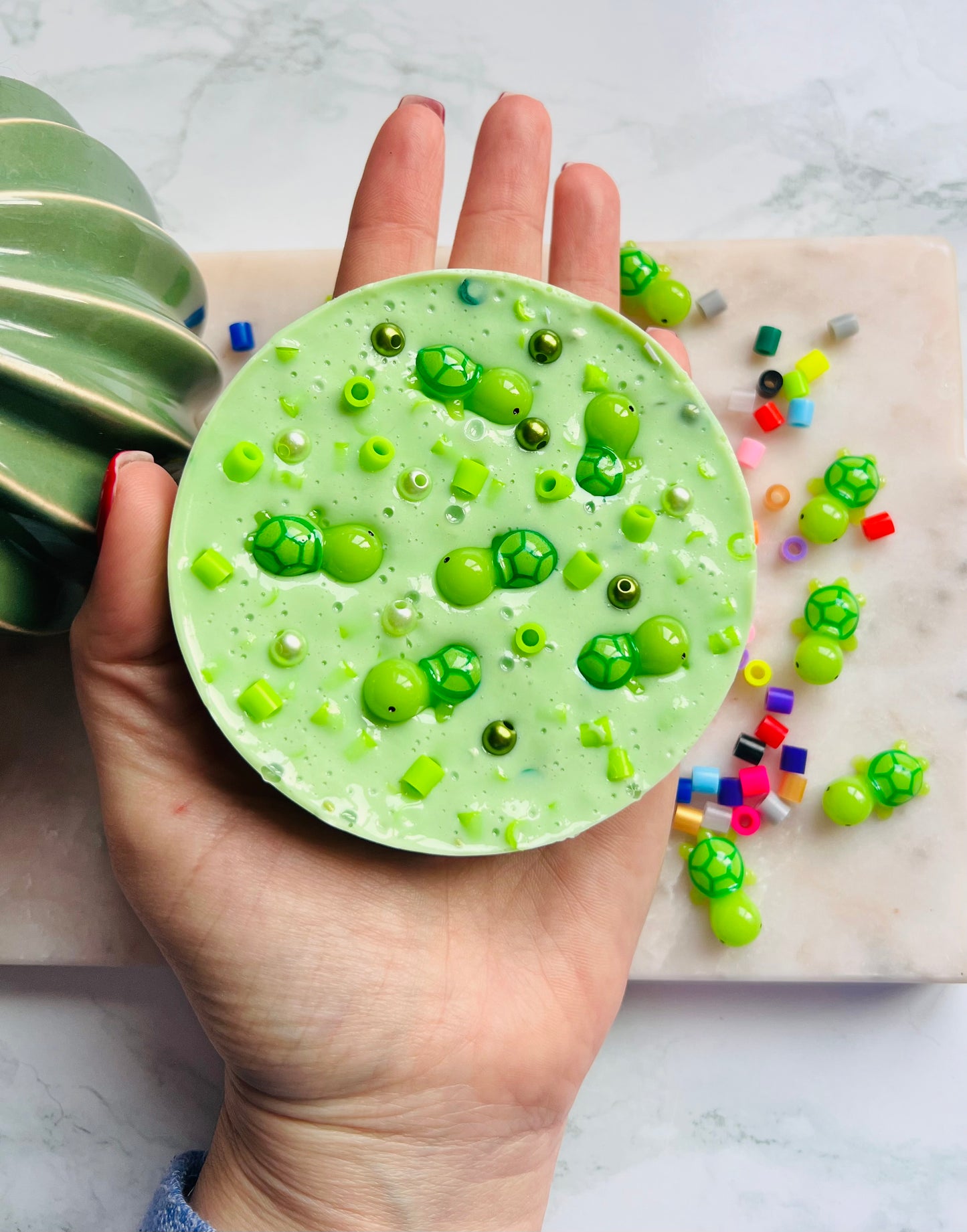 REMELTABLE 'TURTLE SOUP' picky pad | Reusable | Easter | Circle (10cm)| Latex Free| Neurodiverse  Distracting Nail Skin Picking Stress