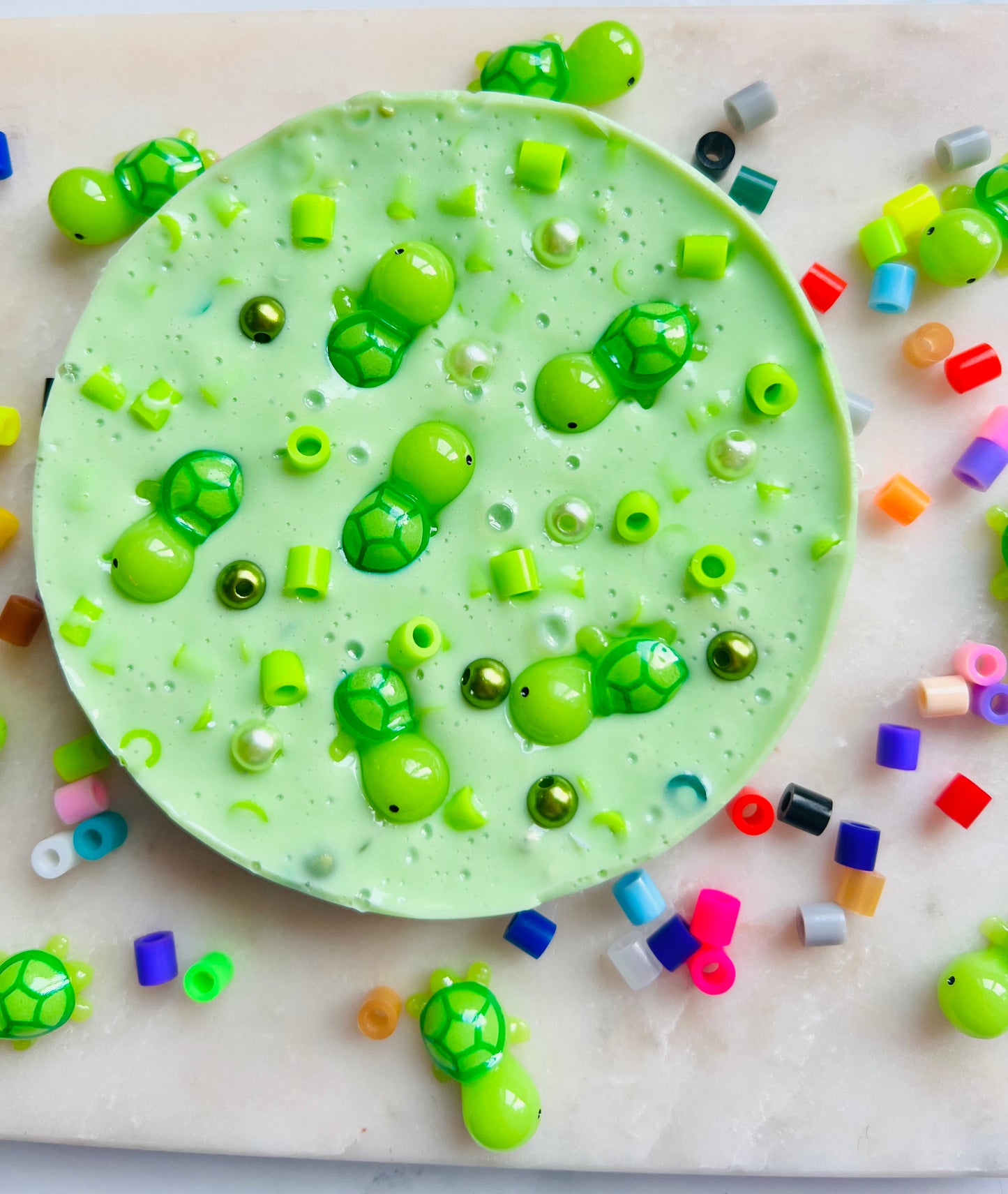 REMELTABLE 'TURTLE SOUP' picky pad | Reusable | Easter | Circle (10cm)| Latex Free| Neurodiverse  Distracting Nail Skin Picking Stress