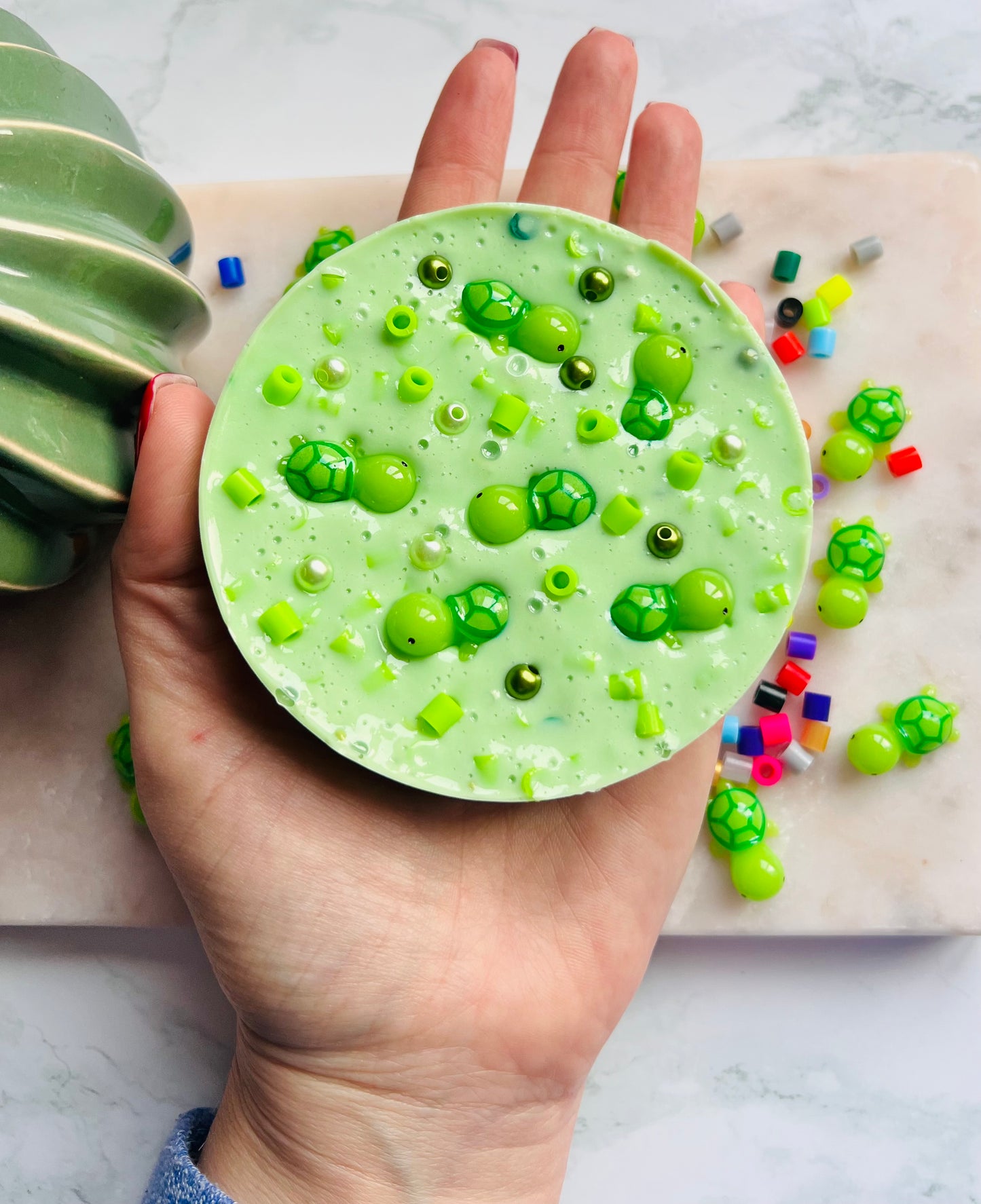 REMELTABLE 'TURTLE SOUP' picky pad | Reusable | Easter | Circle (10cm)| Latex Free| Neurodiverse  Distracting Nail Skin Picking Stress