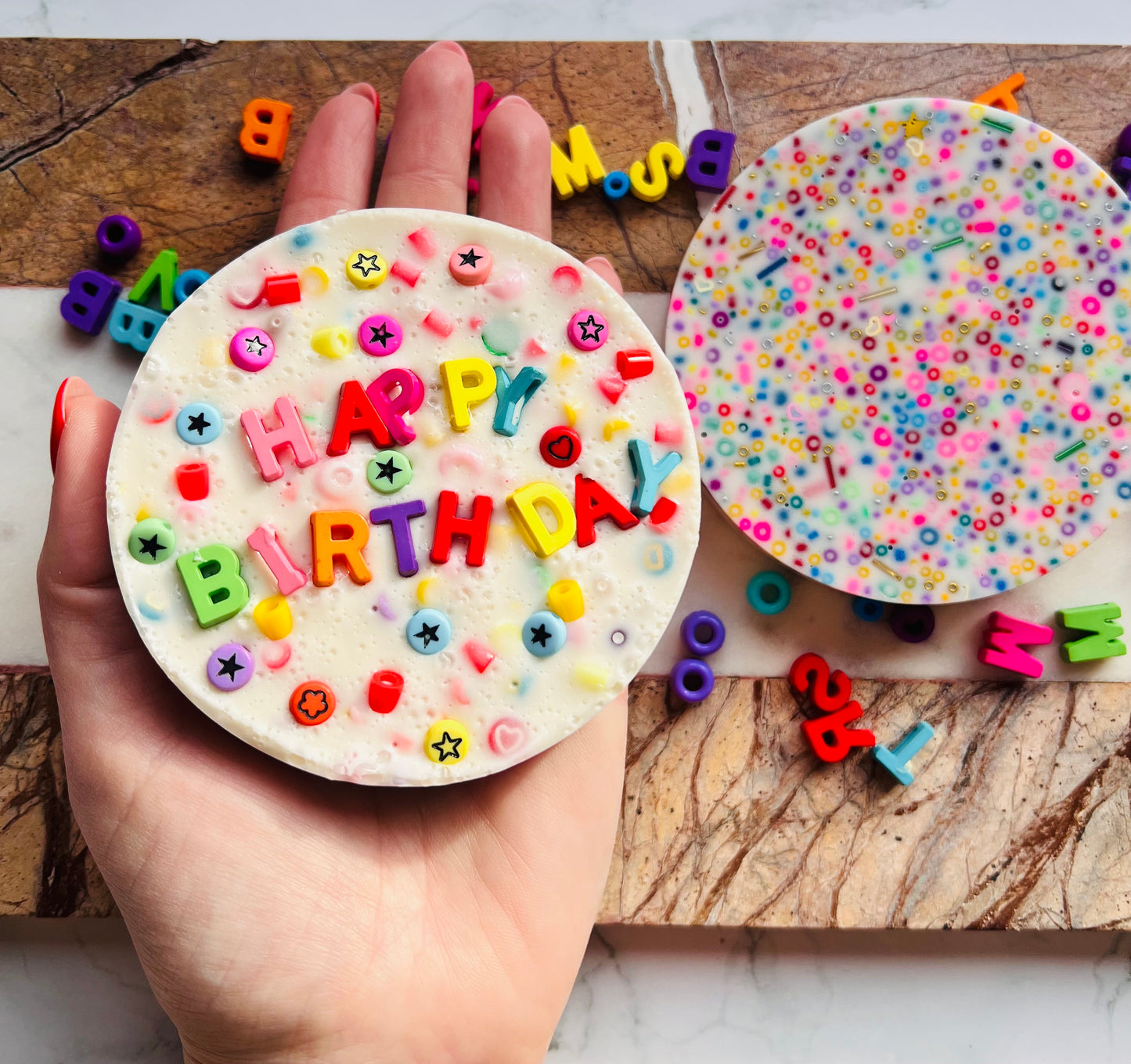 REMELTABLE 'HAPPY BIRTHDAY' picky pad | Reusable | Easter | Circle (10cm)| Latex Free| Neurodiverse  Distracting Nail Skin Picking Stress