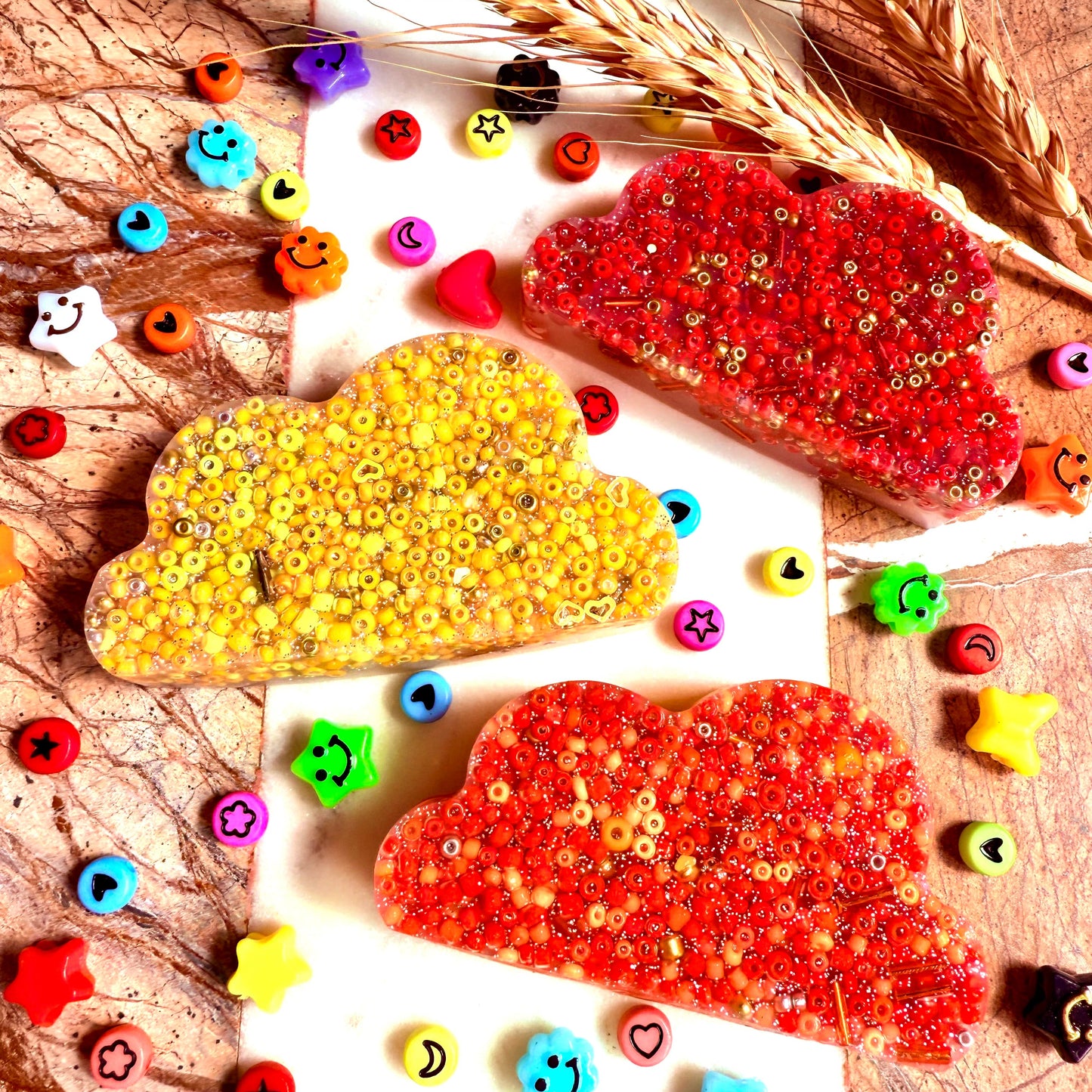 yellow, orange and red cloud picky pads. 