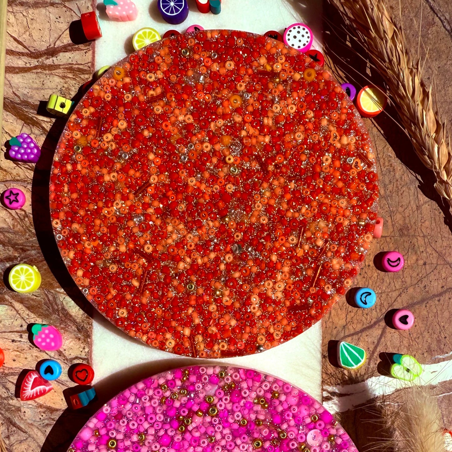 Handmade circle picky pad sensory fidget toy 10cm pad with textured beads.